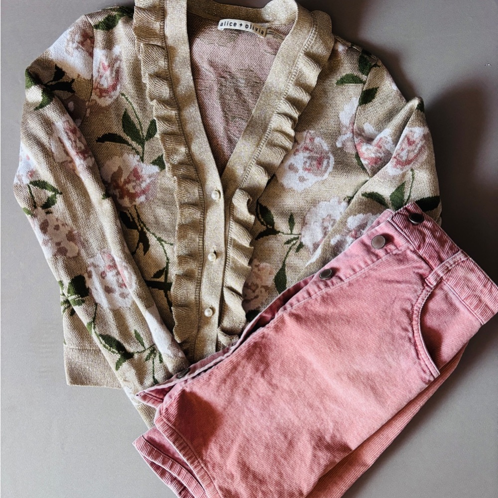 Alice + Olivia Gold Shimmer Floral Cardigan